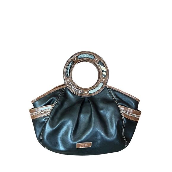 Relic Handbags - Relic Black Faux Leather Animal Print Circular Snap Tote